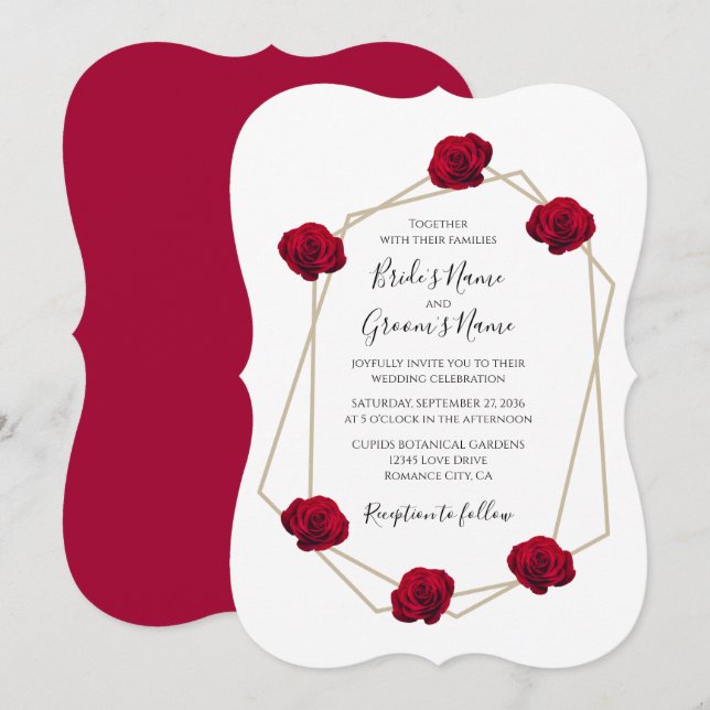 Convites Geométricos de Casamento de Rosas vermelh (Frente/Verso)
