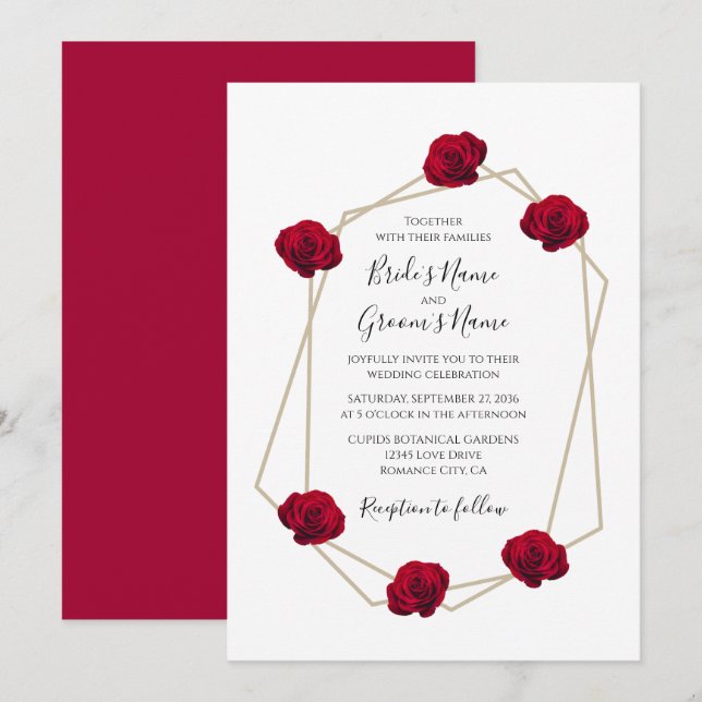 Convites Geométricos de Casamento de Rosas vermelh (Frente/Verso)