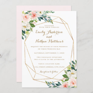 Convites Geométricos Dourados da aguarela coram casamento