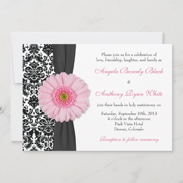 Convites Gerber Daisy Pale Pink Negro Casamento tema damasc (Frente)