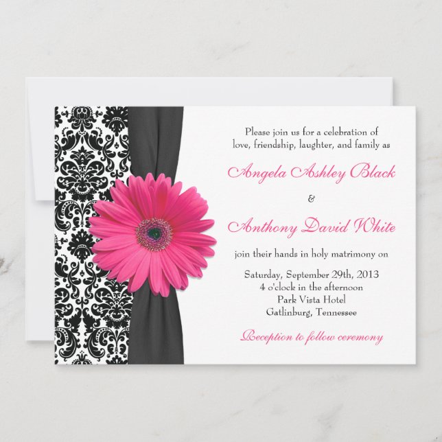 Convites Gerber Daisy Pink Black White Casamento tema damas (Frente)