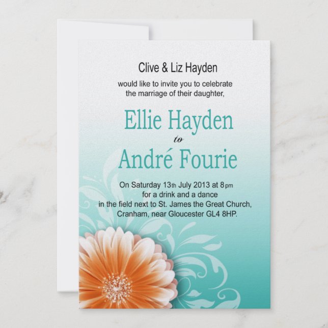 Convites Gerbera Daisy Orange Aqua Noite Apenas (Frente)