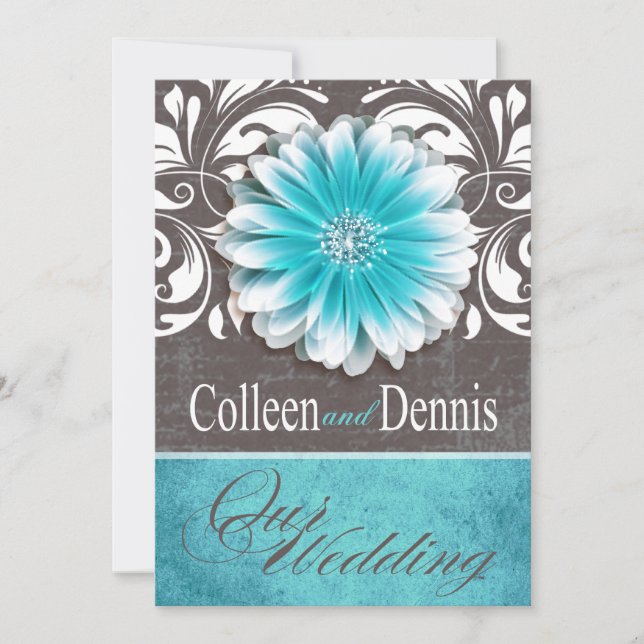 Convites Gerbera Daisy Scroll 1 Chalkboard de teal de casam (Frente)