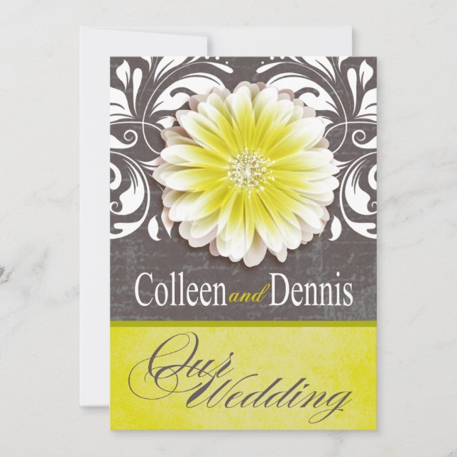 Convites Gerbera Daisy Scroll 1 Quadro amarelo de casamento (Frente)