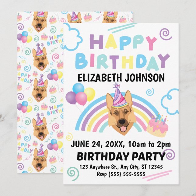 Convites German Shepherd Birthday Invitation  (Frente/Verso)