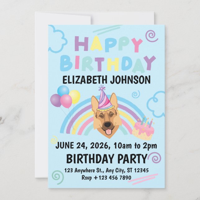 Convites German Shepherd Birthday Invitation in Blue (Frente)