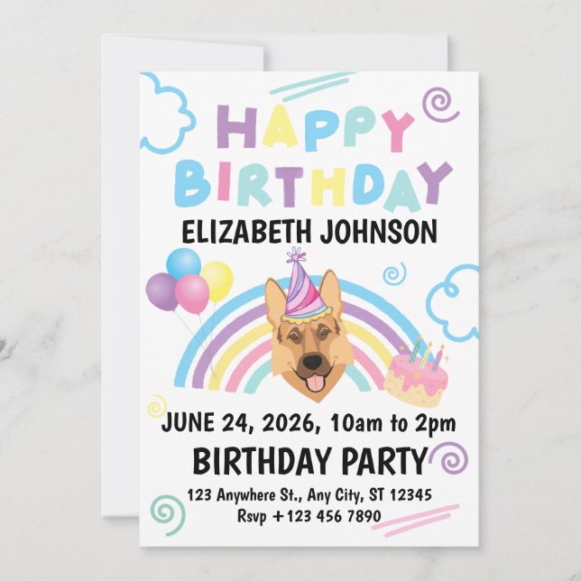 Convites German Shepherd Birthday Party Invitation White (Frente)