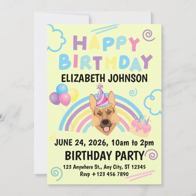 Convites German Shepherd Birthday Party Invitation Yellow (Frente)