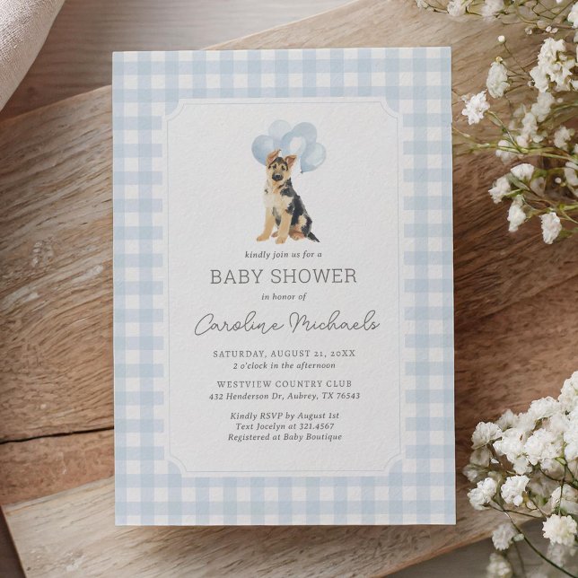 Convites German Shepherd Blue Gingham Baby Shower (Criador carregado)