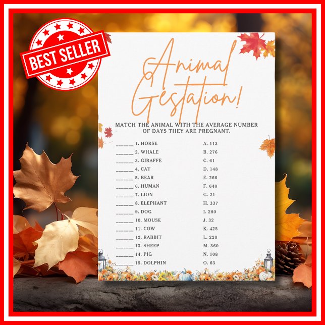 Convites GESTAÇÃO DE ANIMAIS - Chá de fraldas Jogo (ANIMAL GESTATION Easy Baby Shower Game A Little Pumpkin is on the Way Fall Autumn Theme)