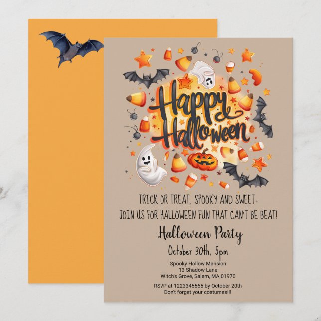 Convites Ghost Bats Trick ou Treine Pumpkin Festa de Hallow (Frente/Verso)