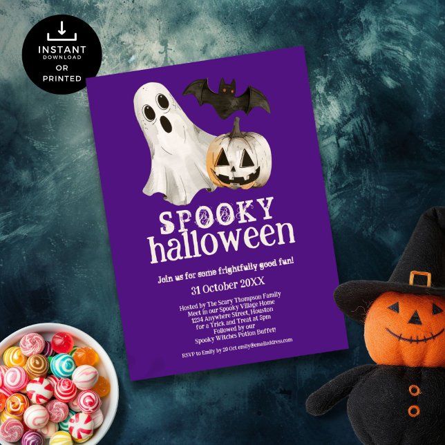 Convites Ghost Pumpkin Bat Spooky Halloween Roxo (Criador carregado)
