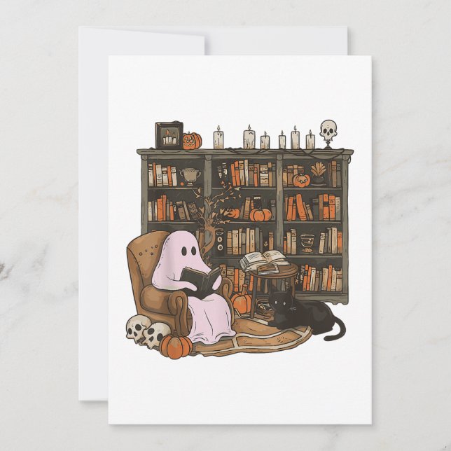 Convites Ghost Reading Book Cat lover Halloween (Frente)