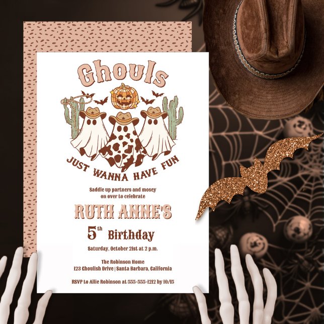 Convites Ghouls Quer Divertir-Se Na Festa de aniversário De ("Ghouls Just Wanna Have Fun" girl's western Halloween-themed birthday party.  Edit for any age.)