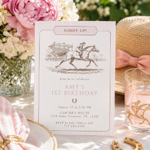 Convites Giddy Up Horse Racing 1º Aniversário Rosa Préppy