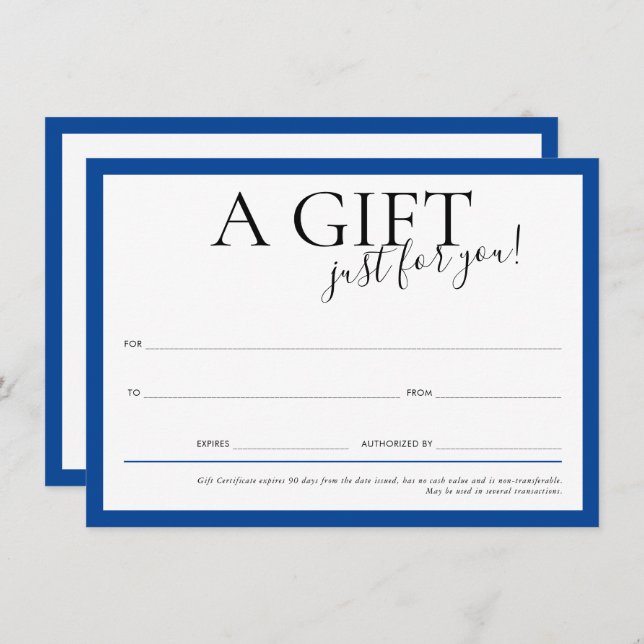 Convites GIFT VOUCHER elegante negócios de chic royal blue (Frente/Verso)