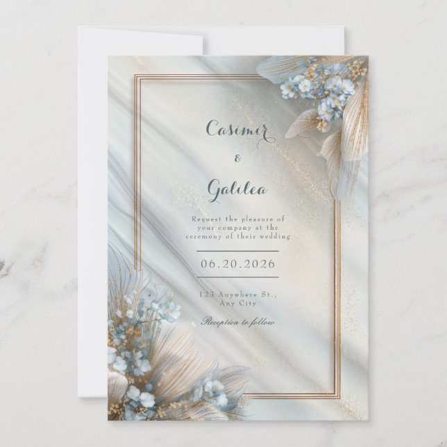 Convites Gilded Blue Floral Cream Fluid Marble Wedding (Frente)