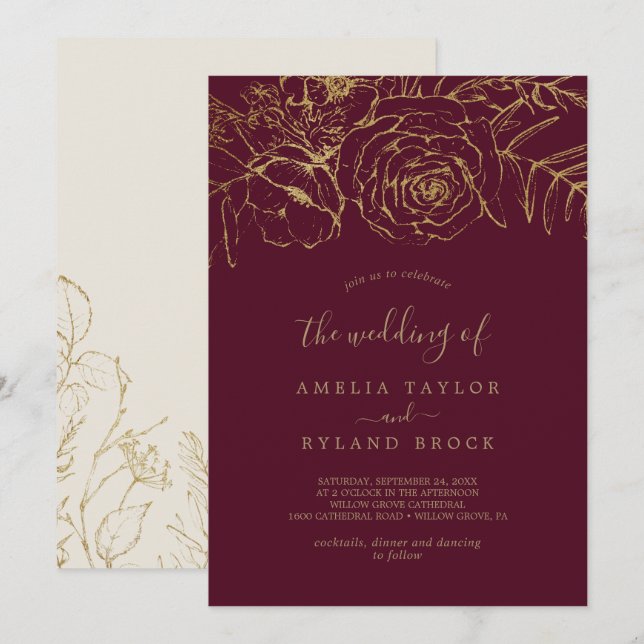 Convites Gilded Floral | Borgonha e Dourado Casamento de (Frente/Verso)