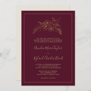 Convites Gilded Floral Borgonha e Dourado casamento forma