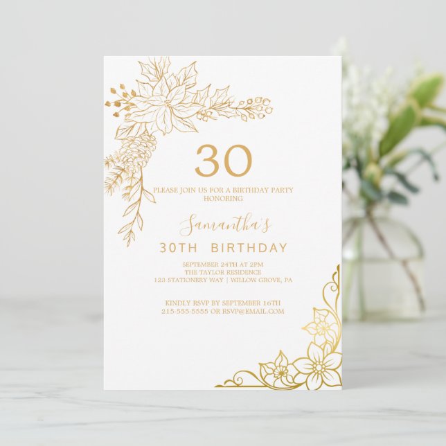 Convites Gilded Floral | Creme e aniversário de 30 anos Dou (Em pé/Frente)