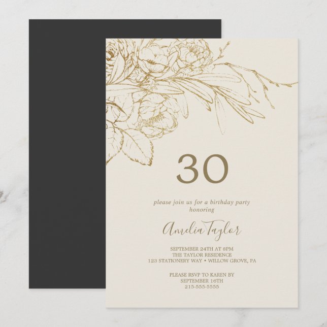 Convites Gilded Floral | Creme e aniversário de 30 anos Dou (Frente/Verso)