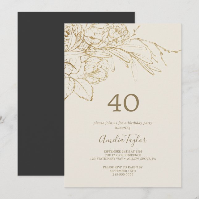 Convites Gilded Floral | Creme e aniversário de 40 anos Dou (Frente/Verso)