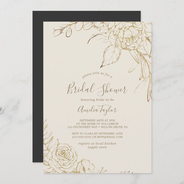 Convites Gilded Floral | Creme e Chá de panela Dourado (Frente/Verso)