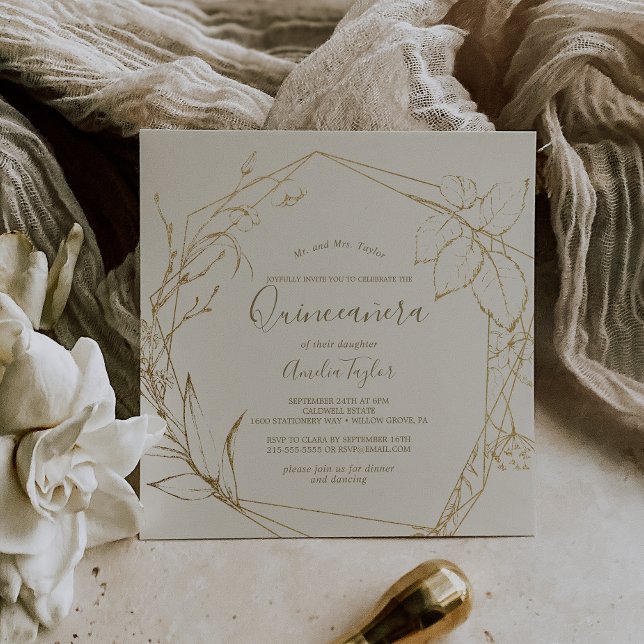 Convites Gilded Floral | Creme e Quinceañera Dourada (Criador carregado)