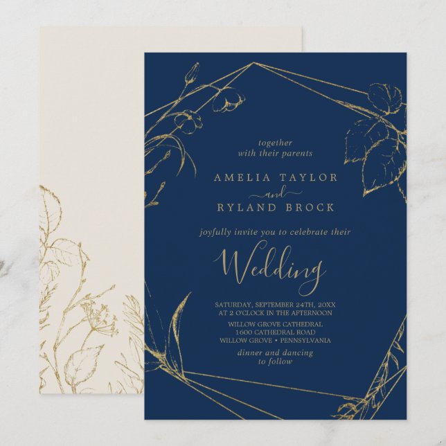 Convites Gilded Floral | Marinho Azul e Casamento Dourado (Frente/Verso)