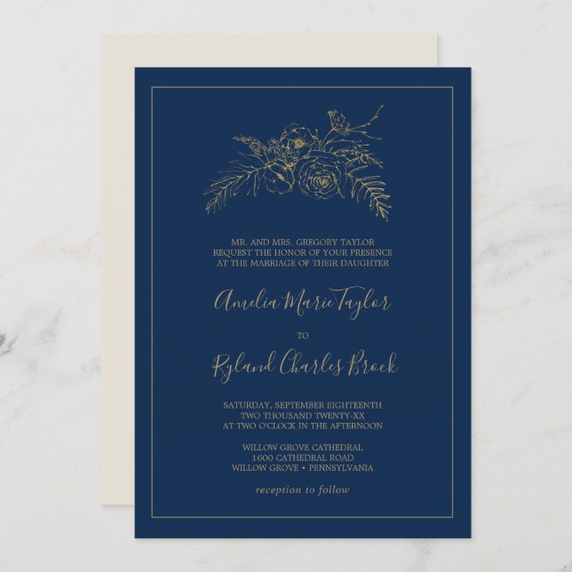Convites Gilded Floral | Marinho Azul e Dourado Casamento F (Frente/Verso)
