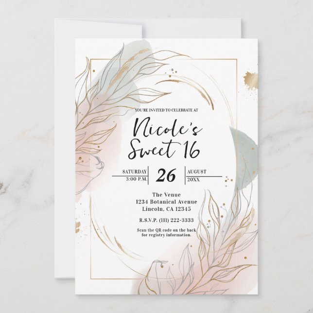 Convites Gilded Gold Sage & Blush Botanical Sweet 16 (Frente)