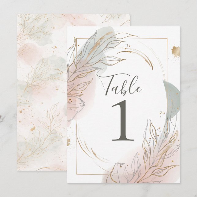 Convites Gilded Gold Sage & Blush Botanical Table Number (Frente/Verso)