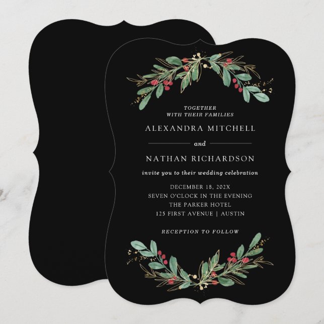 Convites Gilded Greenery Black | Casamento de Natal (Frente/Verso)