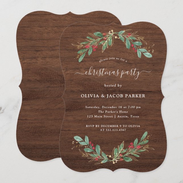 Convites Gilded Greenery Rustic Christmas ou Holiday Party (Frente/Verso)
