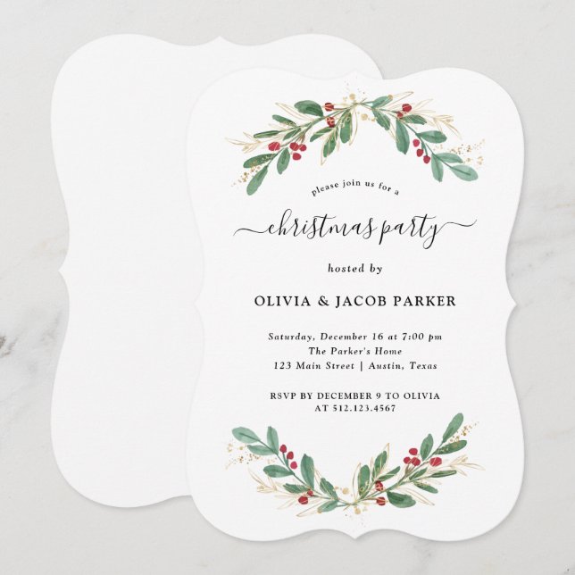 Convites Gilded Greenery White | Festa de Natal ou Férias (Frente/Verso)