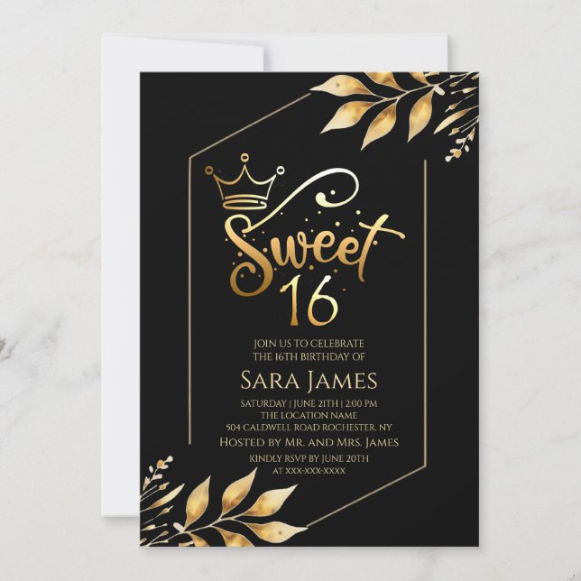 Convites Gilded Majesty Black & Gold Sweet 16 Invitation (Frente)