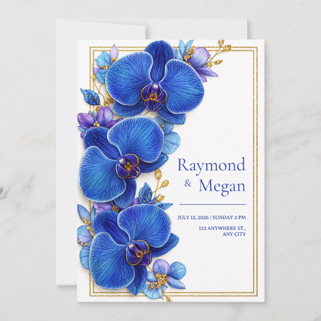 Convites Gilded Royal Blue Orchid Botanical Wedding (Frente)