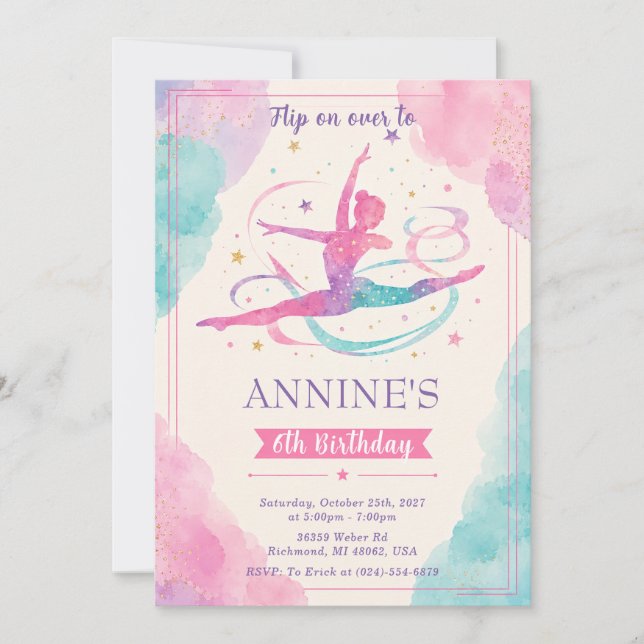 Convites Ginástica de Cores em Aquarela Personalizada de An (Frente)