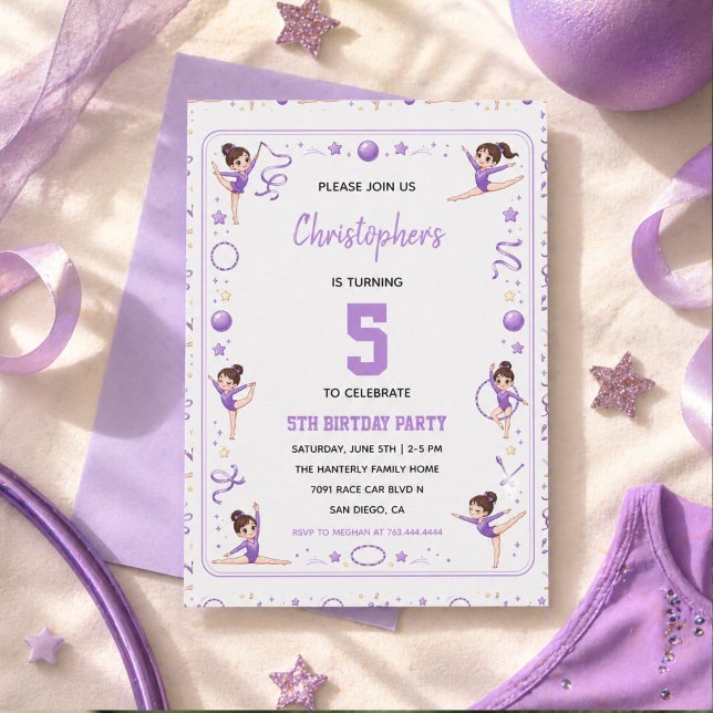 Convites Ginástica Rítmica Roxo Dourado Foto 5º Aniversário (Cute Purple Rhythmic Gymnastics 5th Birthday party Invitation
)