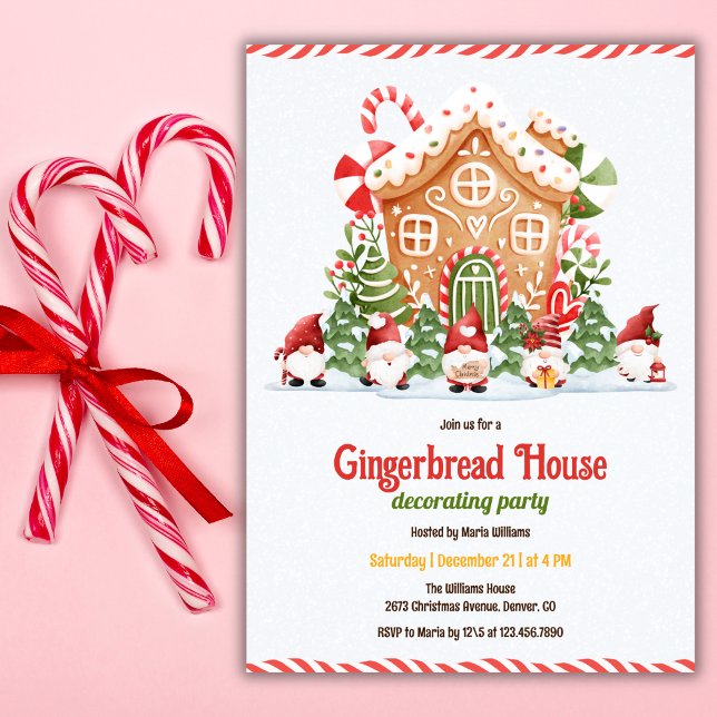 Convites Gingerbread House Decorating Christmas Party (Gingerbread House Decorating Party – Cute Gnomes, Candy Cane, Personalized)