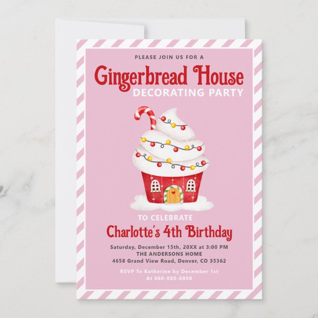 Convites Gingercake House Candy Cane Rosa (Frente)