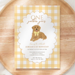 Convites Gingham Amarelo, primeiro aniversario Ano, Puppy