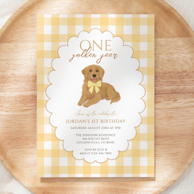 Convites Gingham Amarelo, primeiro aniversario Ano, Puppy (Criador carregado)