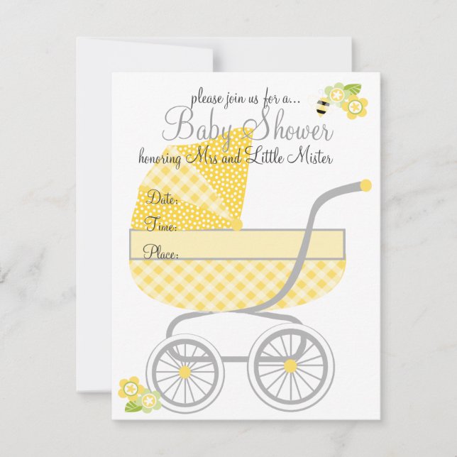 Convites Gingham Baby Buggy Amarelo (Frente)