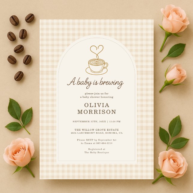 Convites Gingham Baby is Brewing Coffee Baby Shower (Criador carregado)