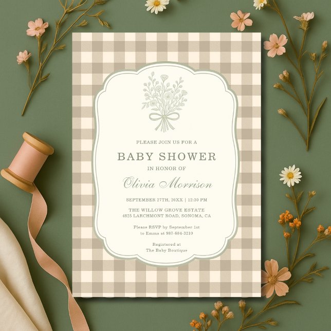 Convites Gingham Beige Ivory Floral Bow Baby Shower (Criador carregado)
