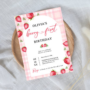 Convites Gingham Berry, cor-de-rosa, primeiro primeiro aniv