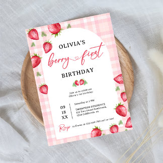 Convites Gingham Berry, cor-de-rosa, primeiro primeiro aniv