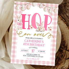 Convites Gingham Boho Floral Hop on over Bunny Birthday