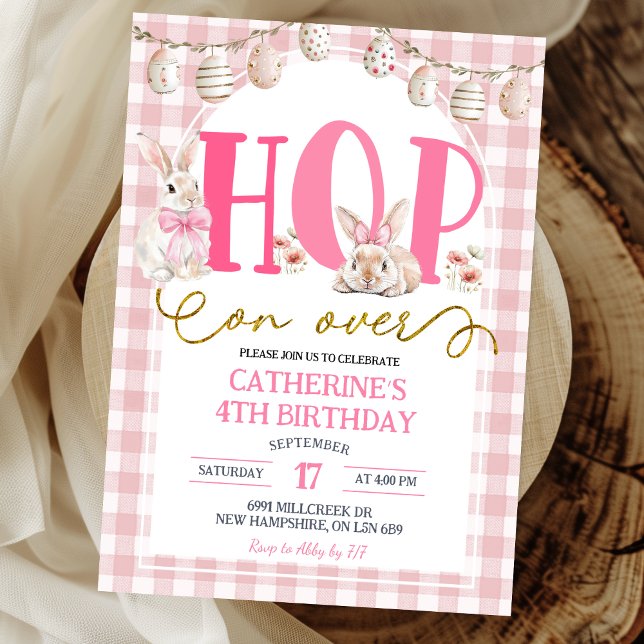 Convites Gingham Boho Floral Hop on over Bunny Birthday (Criador carregado)